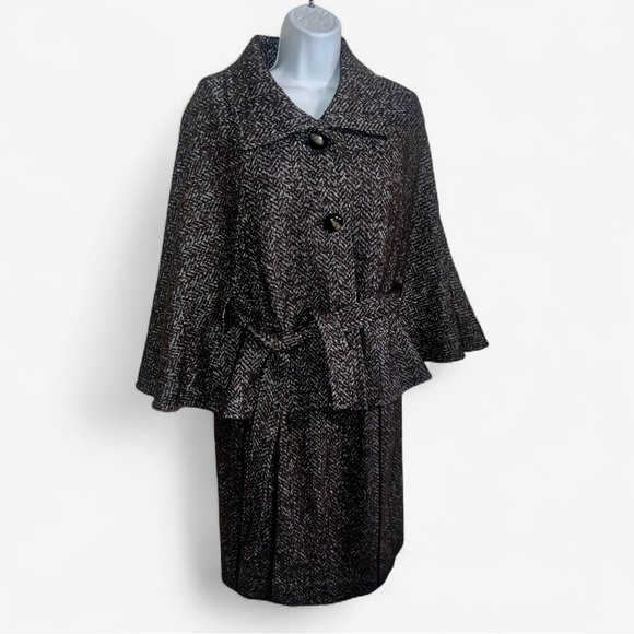 Talbots Elegant Brown and White Herringbone Tweed Cape Coat Dress Suit SZ 12 P - Picture 1 of 6